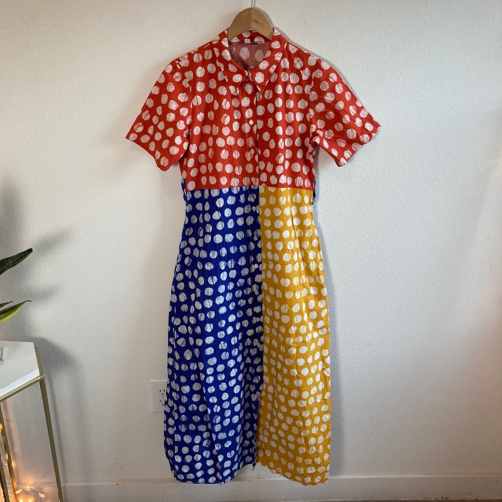 Busayo Collective Dress Women 4 Multicolor Polka Dot Colorblock Midi Shirt Dress